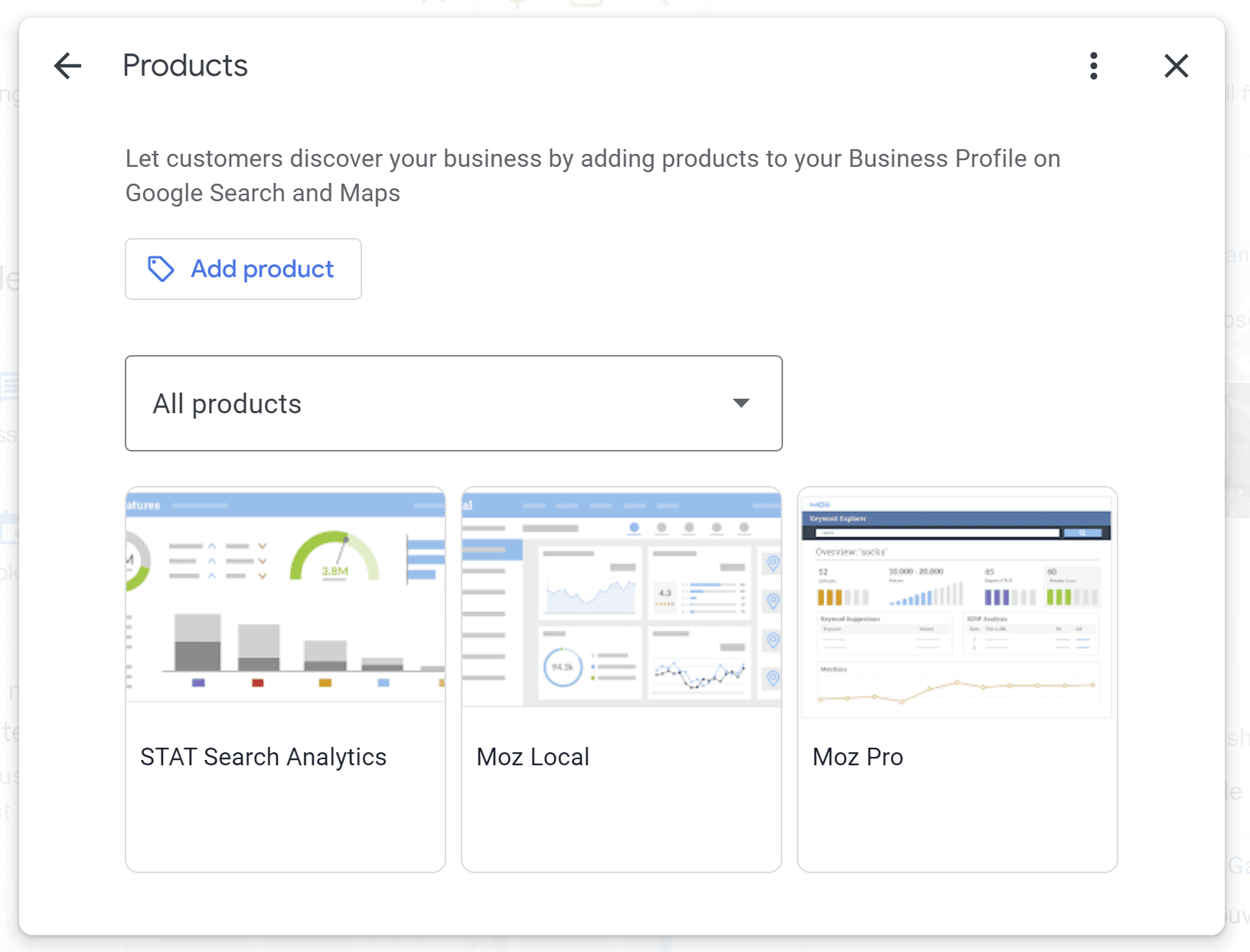 screenshot of products tab of Google Business Profile dashboard